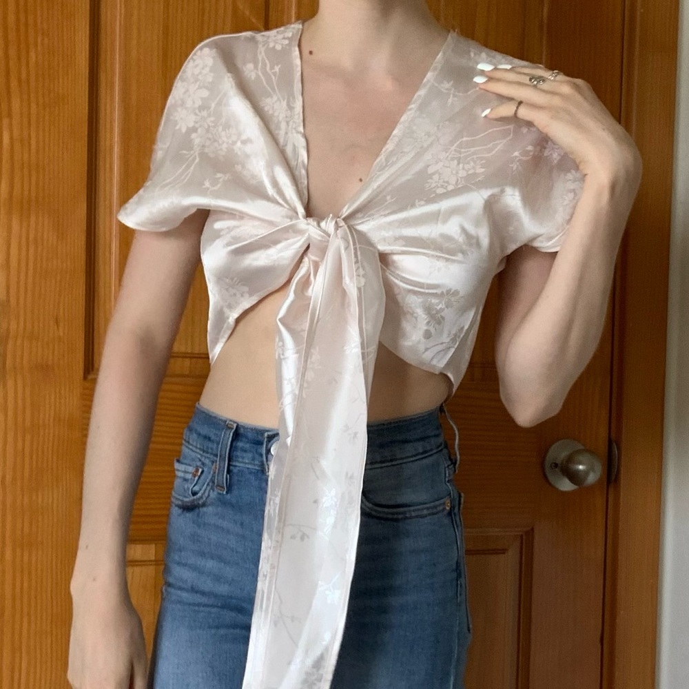 Ivory Pink Floral Crop Wrap Top